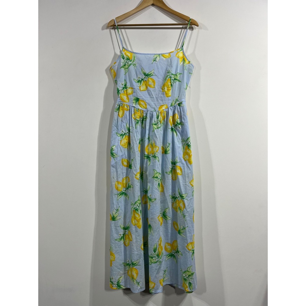 Gap Euro Summer Lemon Print Basque Waist Cotton Midi Dress Smocked Boho Medium - Picture 2 of 11
